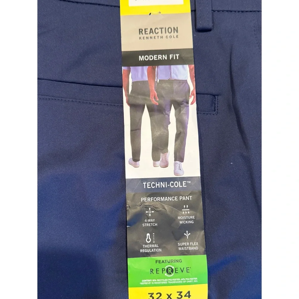 NWT Kenneth Cole Reaction Men Techni-Cole Performance Pant Blue Modern Fit 32x34
